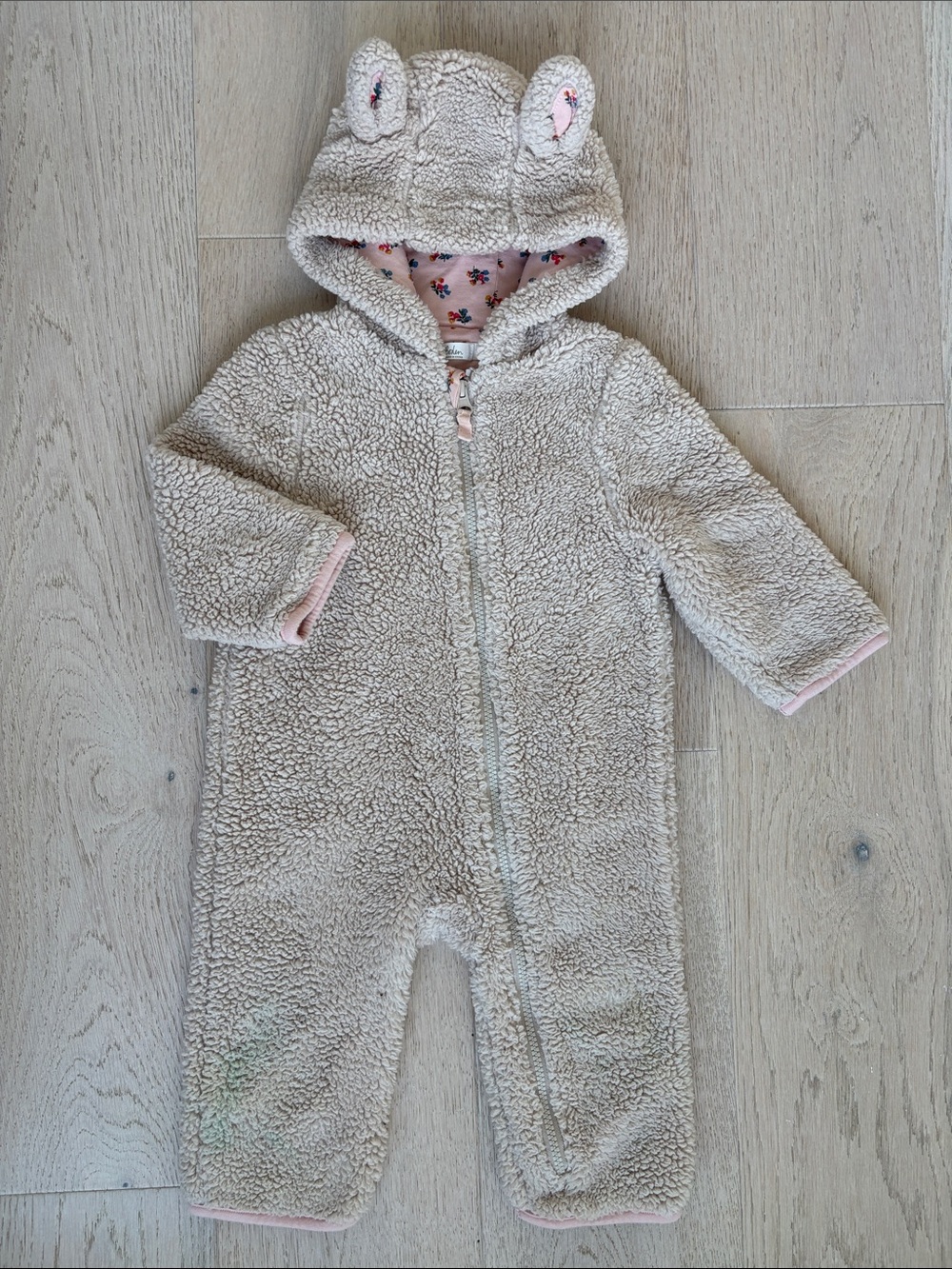 Mini Boden Cream Sherpa Hooded Baby One-Piece with Ear Details